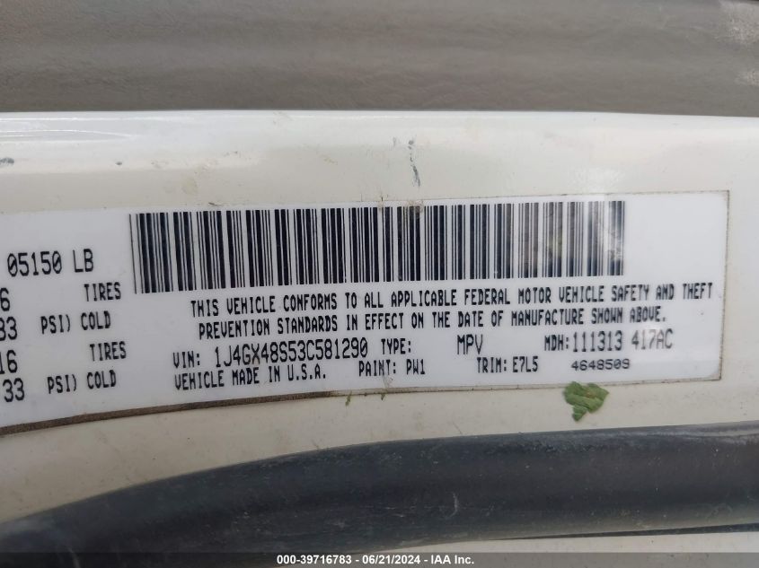 2003 Jeep Grand Cherokee Laredo VIN: 1J4GX48S53C581290 Lot: 39716783