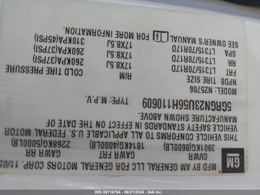 2006 Hummer H2 Suv VIN: 5GRGN23U56H110609 Lot: 39716784