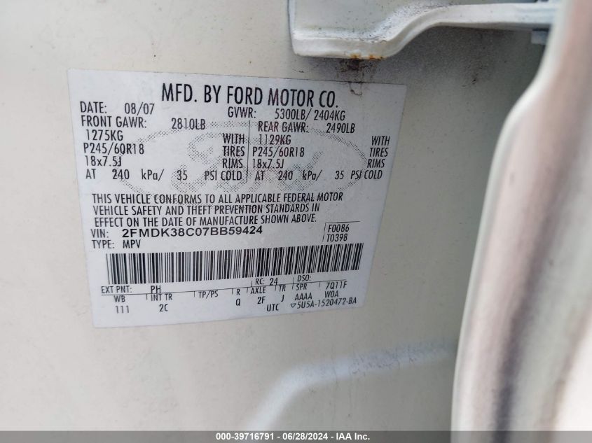 2007 Ford Edge Sel VIN: 2FMDK38C07BB59424 Lot: 39716791