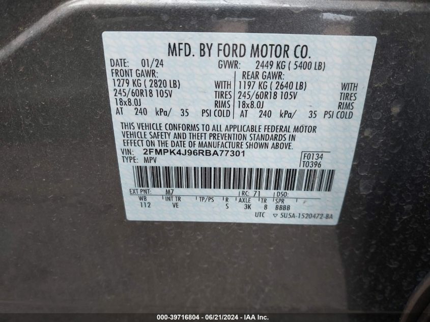 2024 Ford Edge Sel VIN: 2FMPK4J96RBA77301 Lot: 39716804