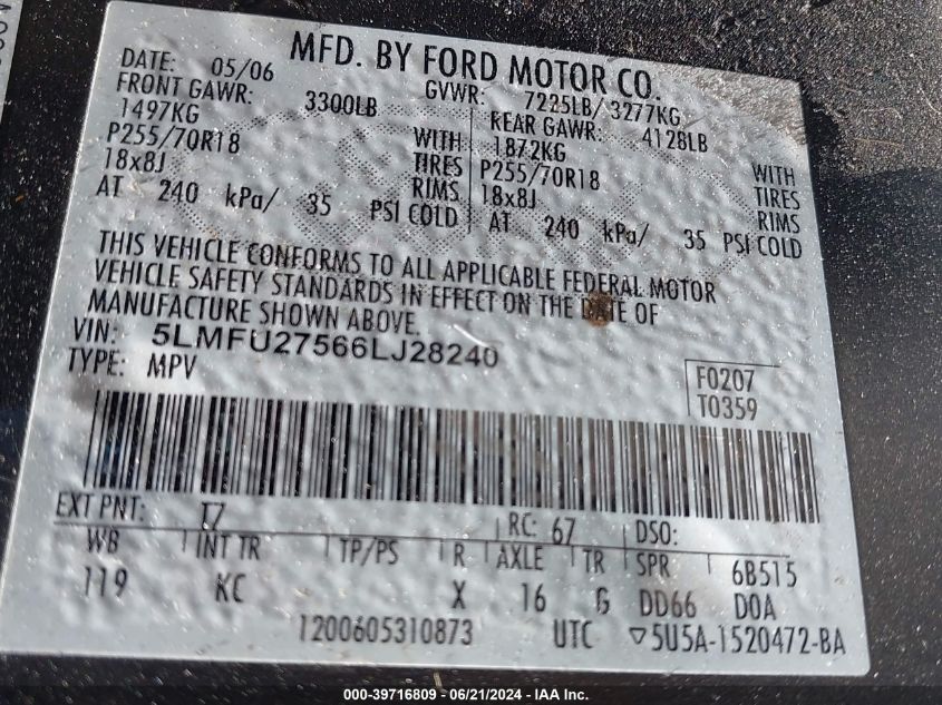 2006 Lincoln Navigator Luxury/Ultimate VIN: 5LMFU27566LJ28240 Lot: 39716809