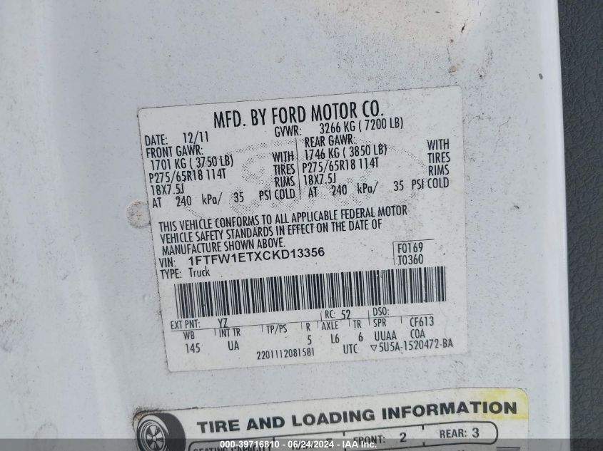 2012 Ford F-150 Xlt VIN: 1FTFW1ETXCKD13356 Lot: 39716810