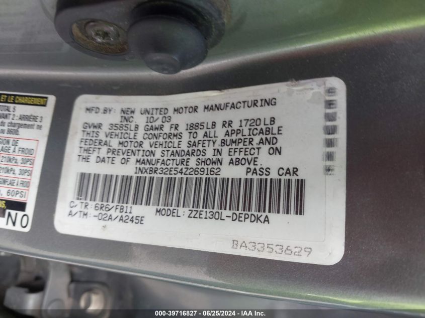 2004 Toyota Corolla Ce VIN: 1NXBR32E54Z269162 Lot: 39716827