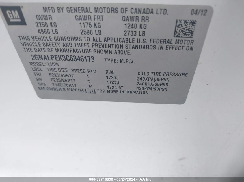 2012 Chevrolet Equinox 2Lt VIN: 2GNALPEK3C6346173 Lot: 39716830