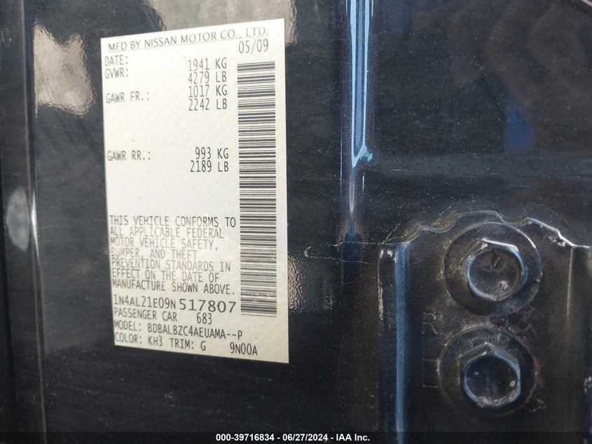 2009 Nissan Altima 2.5 S VIN: 1N4AL21E09N517807 Lot: 39716834