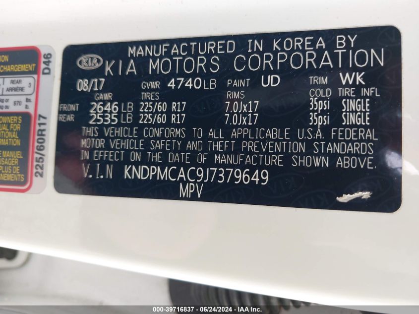 2018 Kia Sportage Lx VIN: KNDPMCAC9J7379649 Lot: 39716837