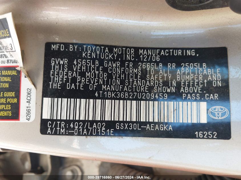 2007 Toyota Avalon Xls VIN: 4T1BK36B27U209459 Lot: 39716860