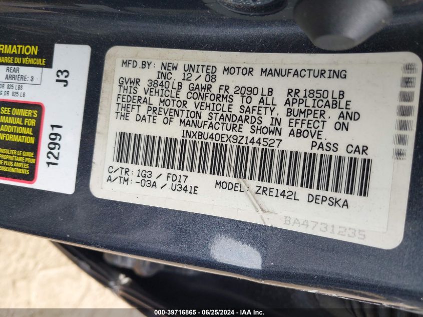 2009 Toyota Corolla S VIN: 1NXBU40EX9Z144527 Lot: 39716865