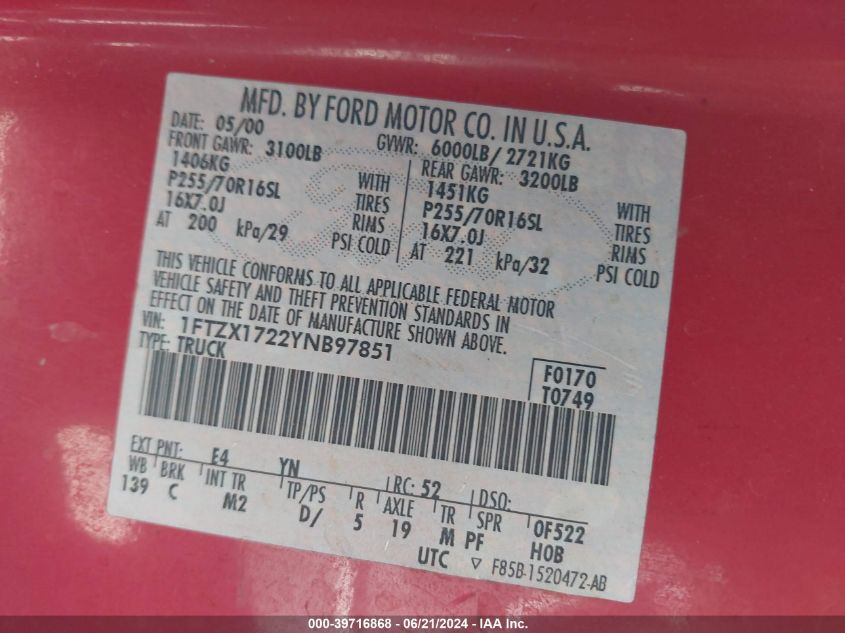 2000 Ford F-150 Work Series/Xl/Xlt VIN: 1FTZX1722YNB97851 Lot: 39716868