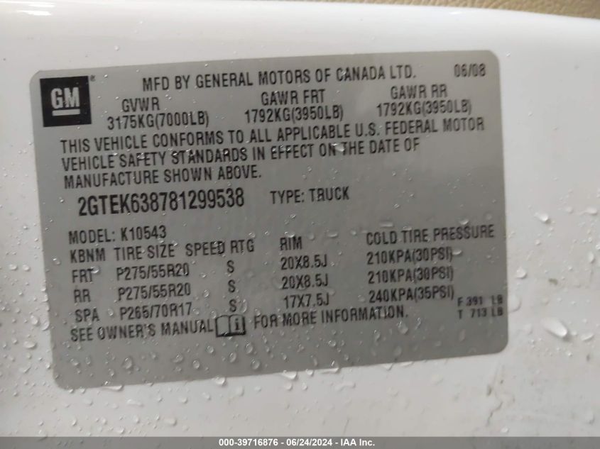 2008 GMC Sierra 1500 Denali VIN: 2GTEK638781299538 Lot: 39716876