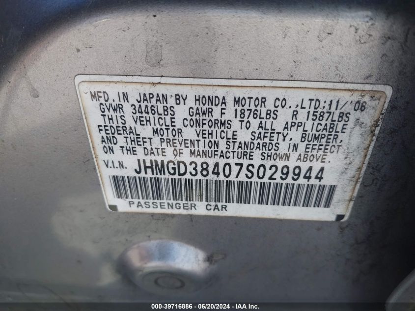 2007 Honda Fit VIN: JHMGD38407S029944 Lot: 39716886