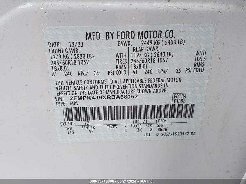 2024 Ford Edge Sel VIN: 2FMPK4J9XRBA68052 Lot: 39716906