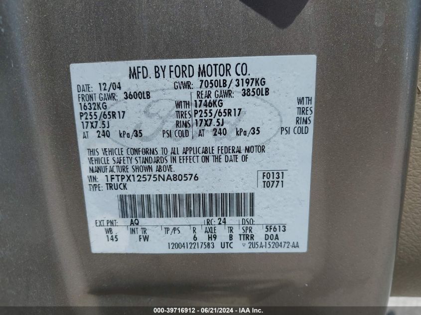 2005 Ford F-150 Lariat/Xl/Xlt VIN: 1FTPX12575NA80576 Lot: 39716912