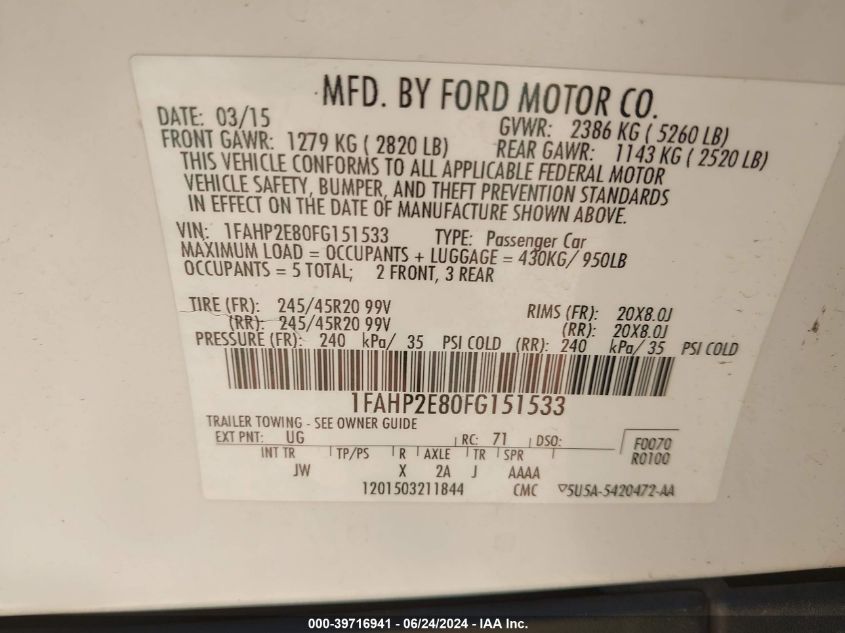 2015 Ford Taurus Sel VIN: 1FAHP2E80FG151533 Lot: 39716941