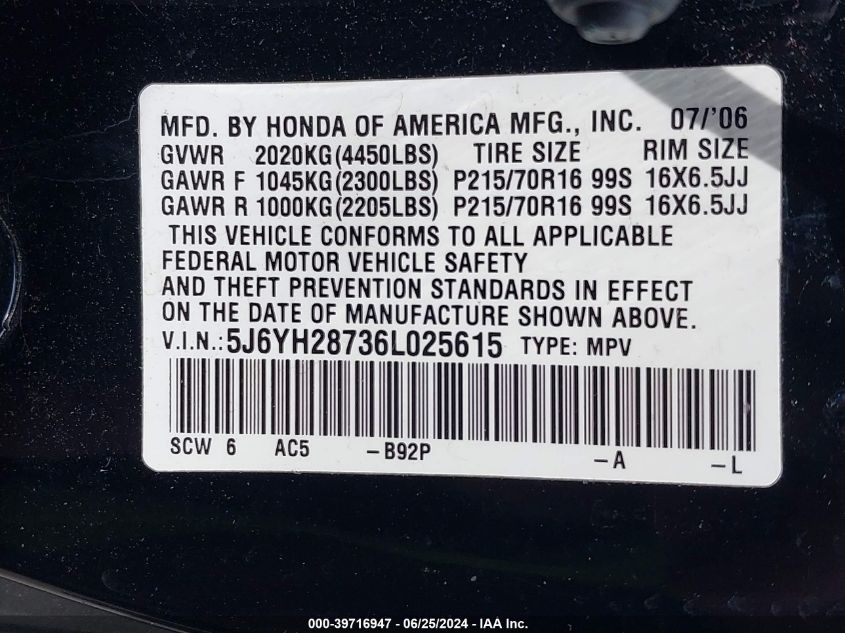 2006 Honda Element Ex-P VIN: 5J6YH28736L025615 Lot: 39716947