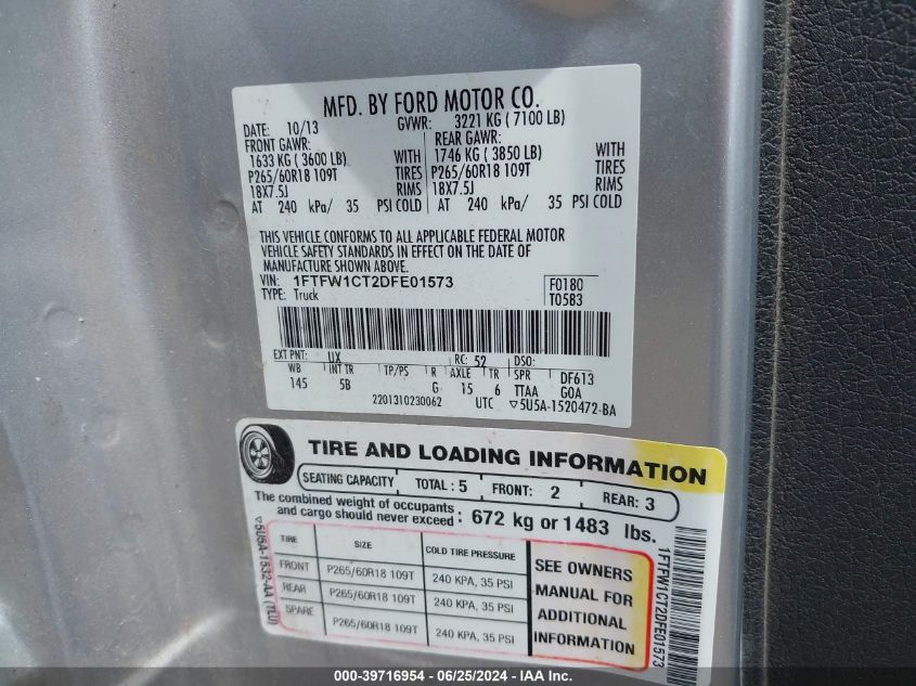 2013 Ford F-150 Fx2 VIN: 1FTFW1CT2DFE01573 Lot: 39716954