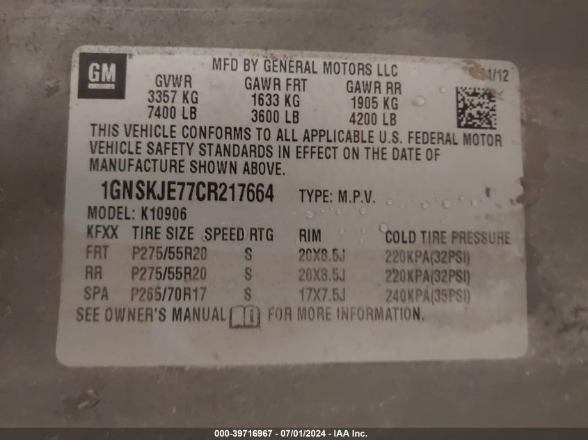 2012 Chevrolet Suburban 1500 Lt VIN: 1GNSKJE77CR217664 Lot: 39716967