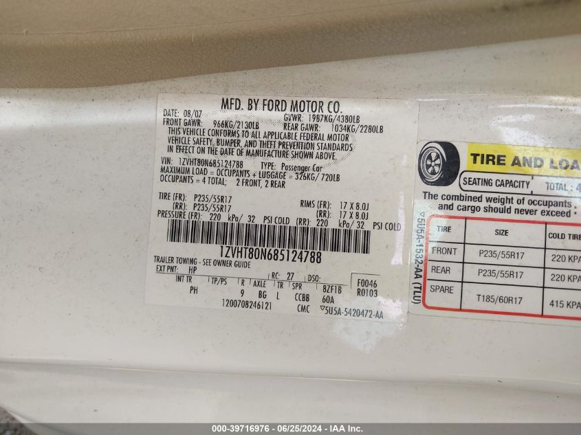 2008 Ford Mustang V6 Deluxe/V6 Premium VIN: 1ZVHT80N685124788 Lot: 39716976