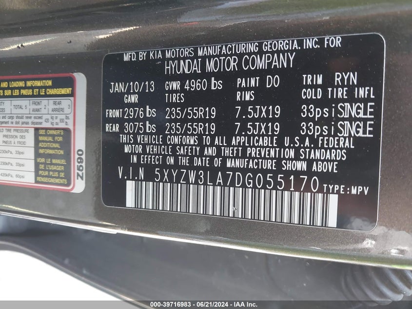 2013 Hyundai Santa Fe Sport 2.0T VIN: 5XYZW3LA7DG055170 Lot: 39716983