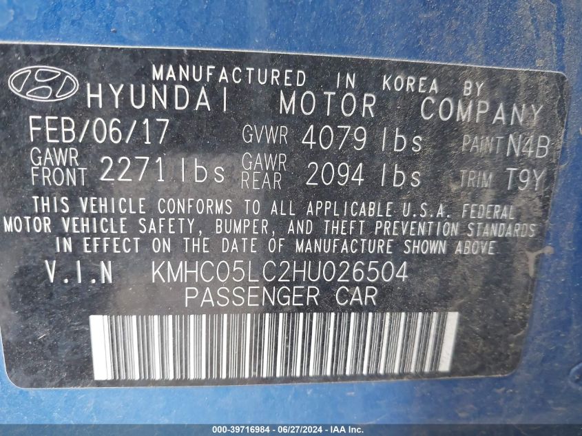 2017 Hyundai Ioniq Hybrid Limited VIN: KMHC05LC2HU026504 Lot: 39716984