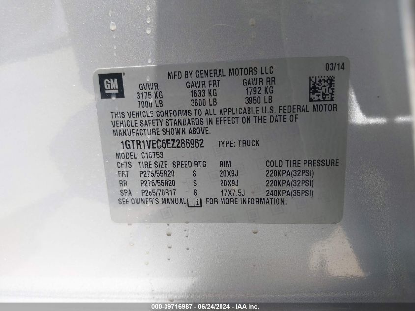 2014 GMC Sierra 1500 Slt VIN: 1GTR1VEC6EZ286962 Lot: 39716987