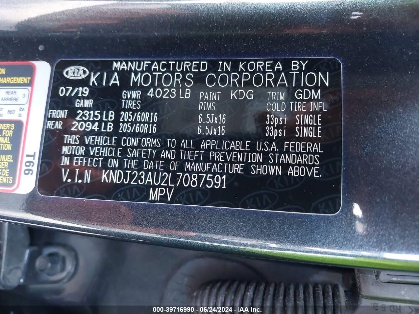 2020 Kia Soul Lx VIN: KNDJ23AU2L7087591 Lot: 39716990