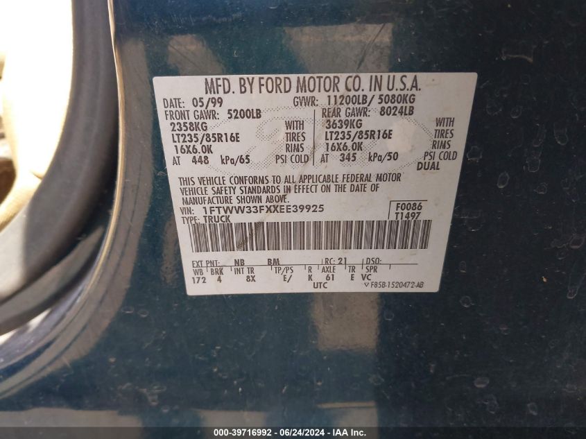1999 Ford F-350 Lariat/Xl/Xlt VIN: 1FTWW33FXXEE39925 Lot: 39716992