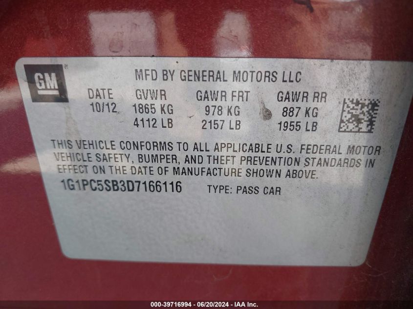 2013 Chevrolet Cruze 1Lt Auto VIN: 1G1PC5SB3D7166116 Lot: 39716994