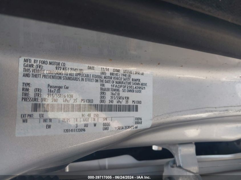 2014 Ford Focus Se VIN: 1FADP3F23EL439521 Lot: 39717005