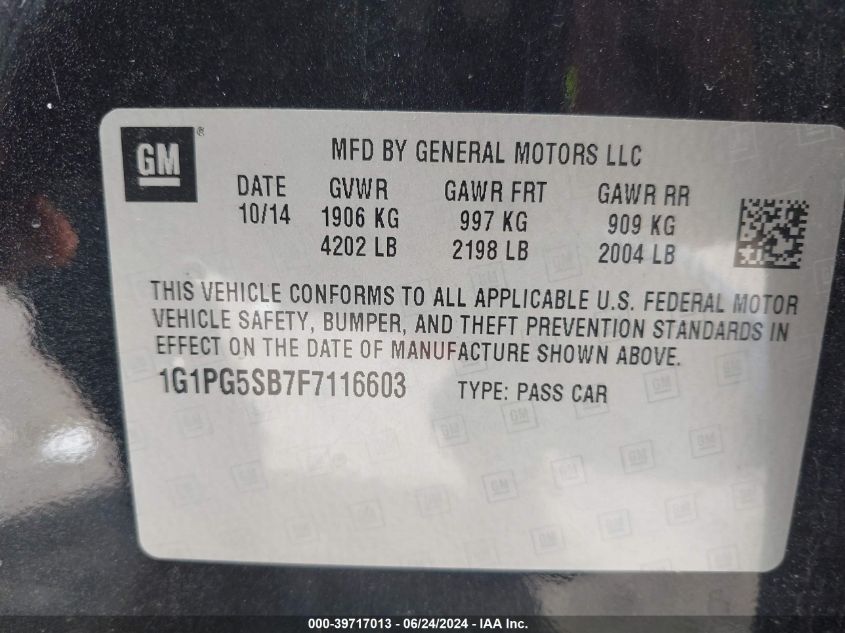 2015 Chevrolet Cruze Ltz VIN: 1G1PG5SB7F7116603 Lot: 39717013