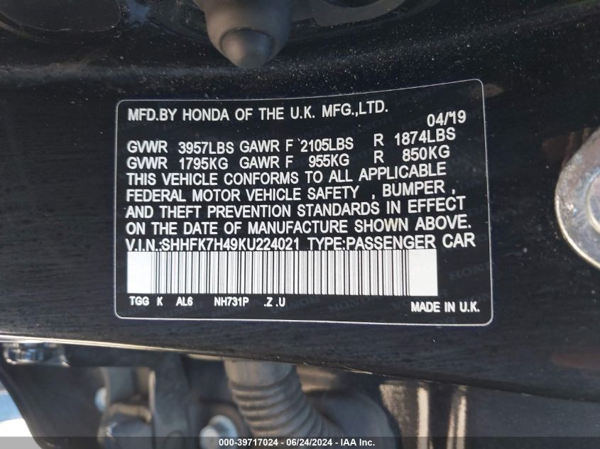 2019 Honda Civic Sport VIN: SHHFK7H49KU224021 Lot: 39717024