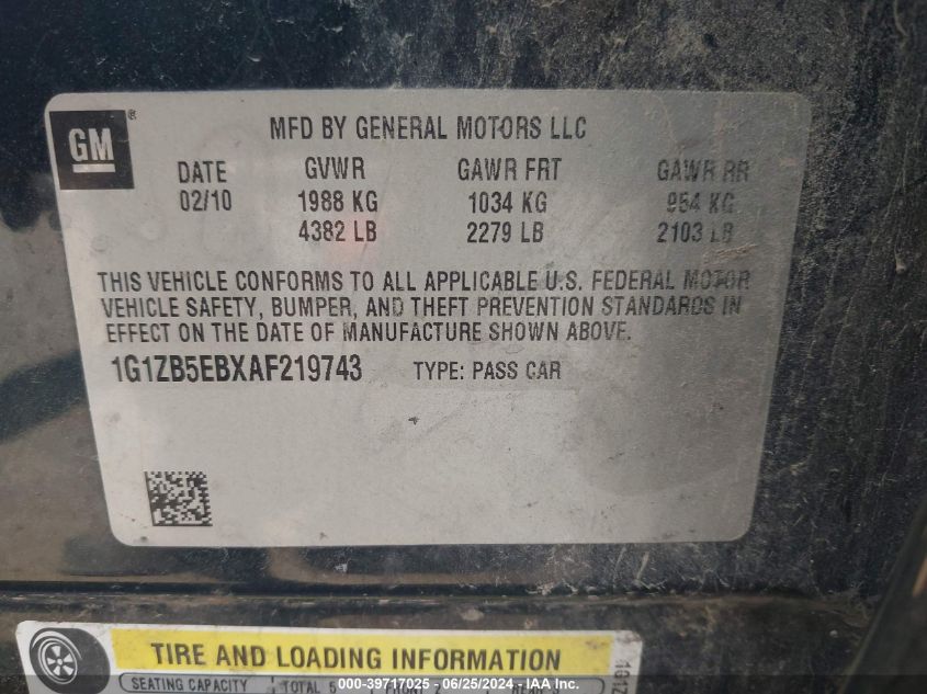 2010 Chevrolet Malibu Ls VIN: 1G1ZB5EBXAF219743 Lot: 39717025