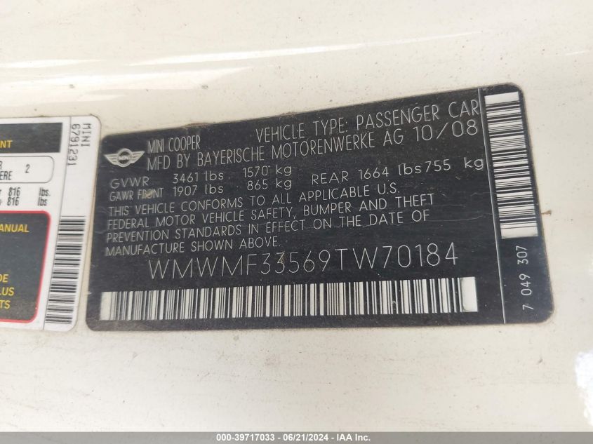 2009 Mini Cooper Hardtop VIN: WMWMF33569TW70184 Lot: 39717033