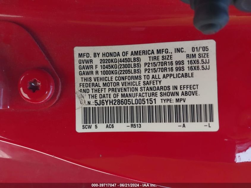 2005 Honda Element Ex VIN: 5J6YH28605L005151 Lot: 39717047