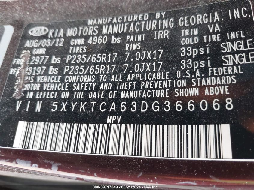 2013 Kia Sorento Lx VIN: 5XYKTCA63DG366068 Lot: 39717049