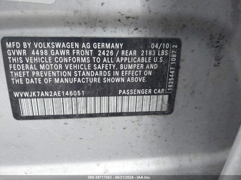 2010 Volkswagen Passat Komfort VIN: WVWJK7AN2AE146051 Lot: 39717053