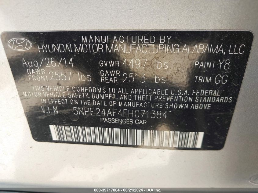 2015 Hyundai Sonata Se VIN: 5NPE24AF4FH071384 Lot: 39717064