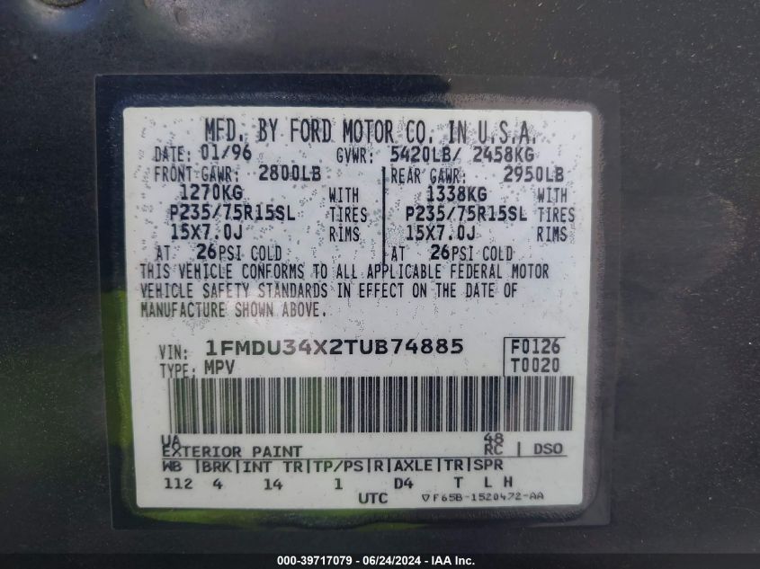 1996 Ford Explorer VIN: 1FMDU34X2TUB74885 Lot: 39717079