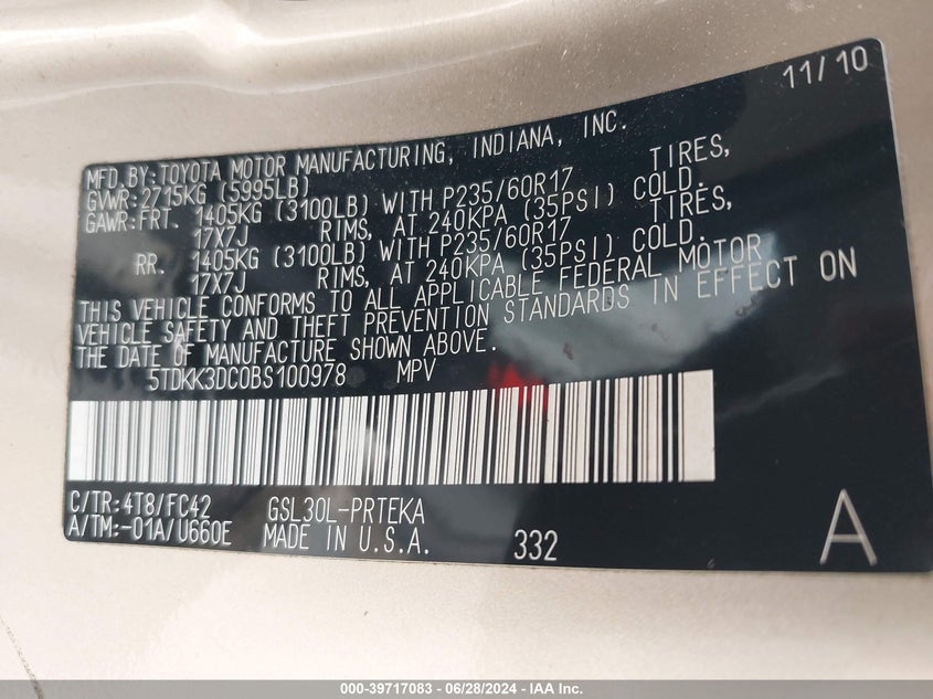 2011 Toyota Sienna Le V6 VIN: 5TDKK3DC0BS100978 Lot: 39717083