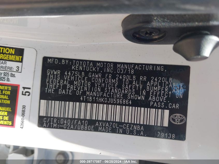 4T1B11HK0JU596864 2018 Toyota Camry Le