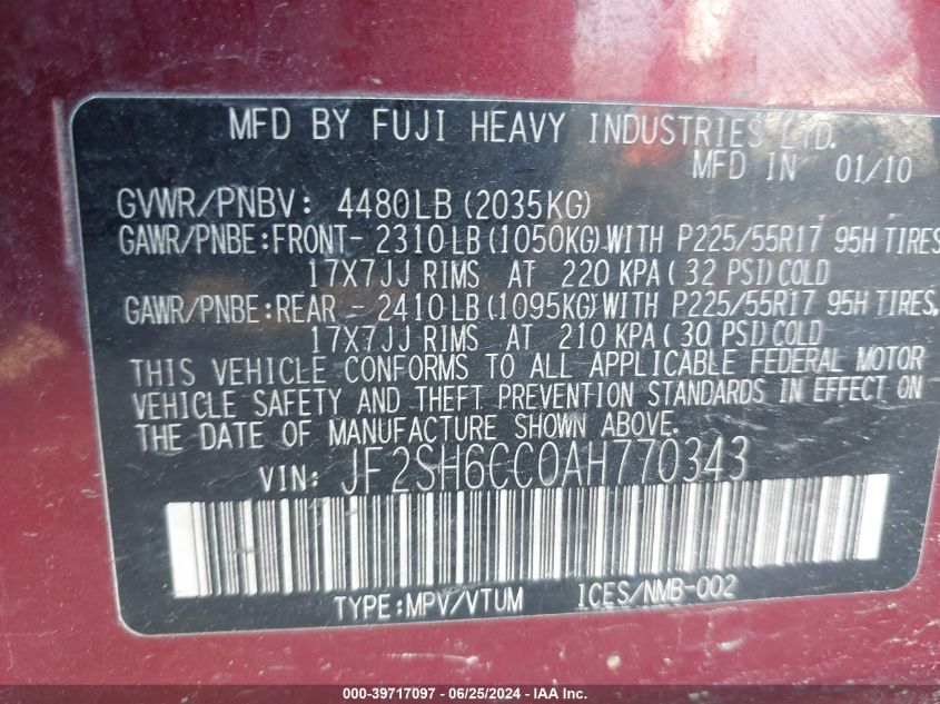 2010 Subaru Forester 2.5X Premium VIN: JF2SH6CC0AH770343 Lot: 39717097