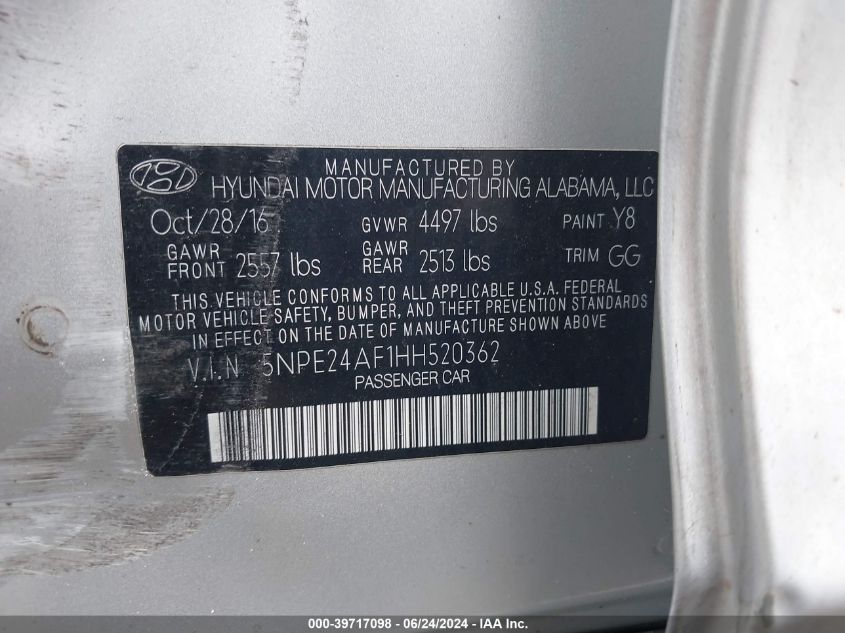 2017 Hyundai Sonata VIN: 5NPE24AF1HH520362 Lot: 39717098