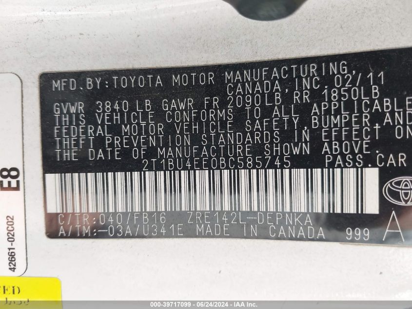 2011 Toyota Corolla Le VIN: 2T1BU4EE0BC585745 Lot: 39717099