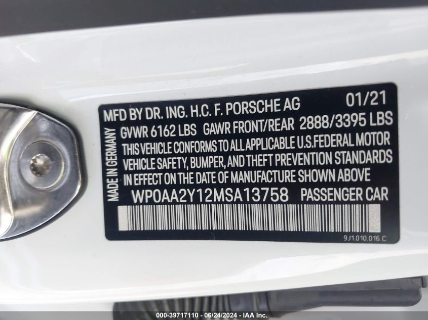 2021 Porsche Taycan VIN: WP0AA2Y12MSA13758 Lot: 39717110