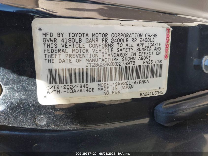 1999 Toyota Camry Le VIN: JT2BG22K8X0273978 Lot: 39717120