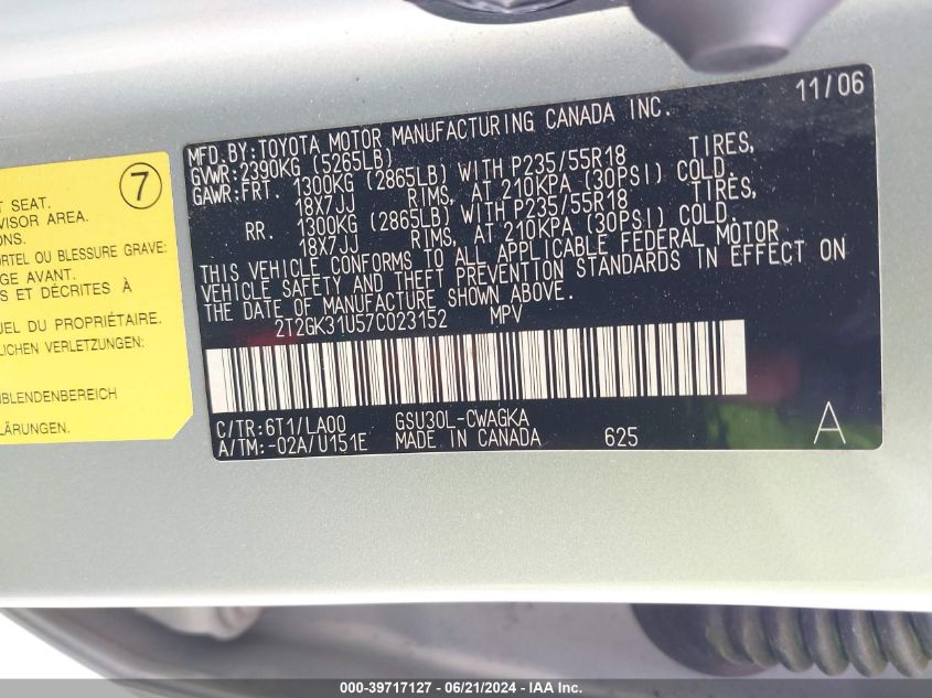 2007 Lexus Rx 350 VIN: 2T2GK31U57C023152 Lot: 39717127