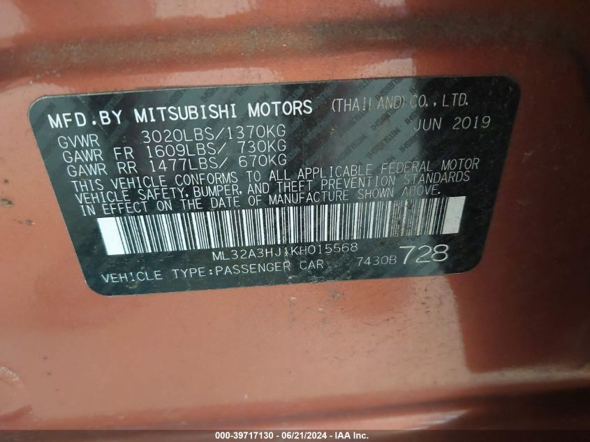 2019 Mitsubishi Mirage Rf VIN: ML32A3HJ1KH015568 Lot: 39717130