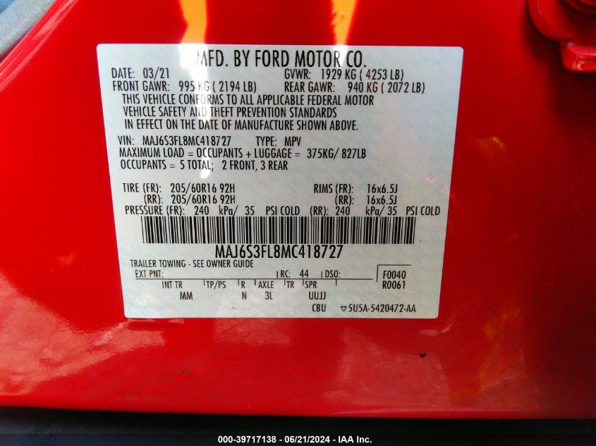 2021 Ford Ecosport S VIN: MAJ6S3FL8MC418727 Lot: 39717138