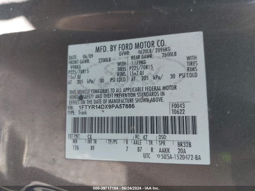 2009 Ford Ranger Xl/Xlt VIN: 1FTYR14DX9PA57886 Lot: 39717154