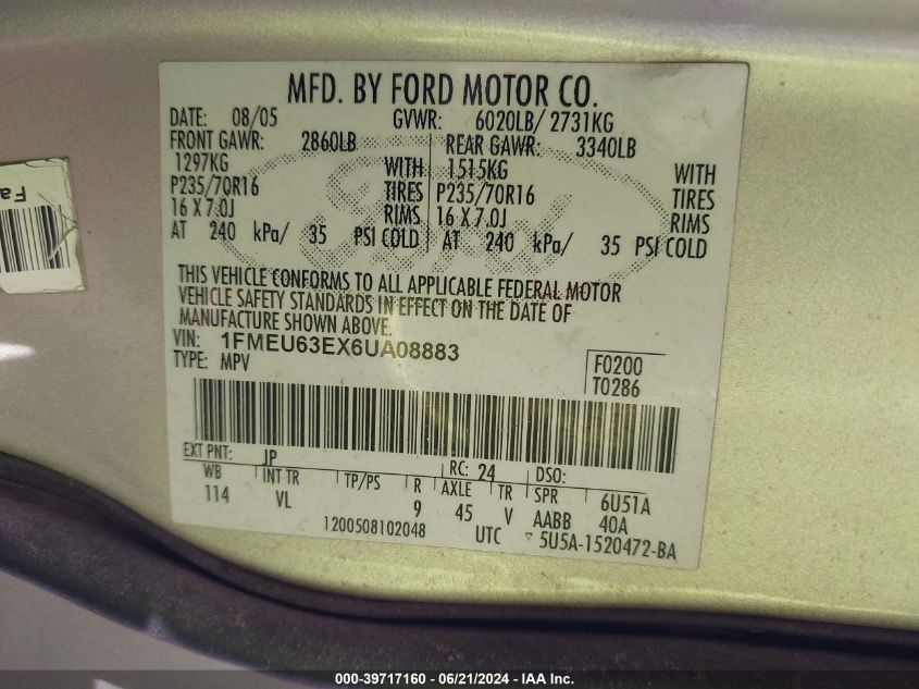 2006 Ford Explorer Xlt VIN: 1FMEU63EX6UA08883 Lot: 39717160